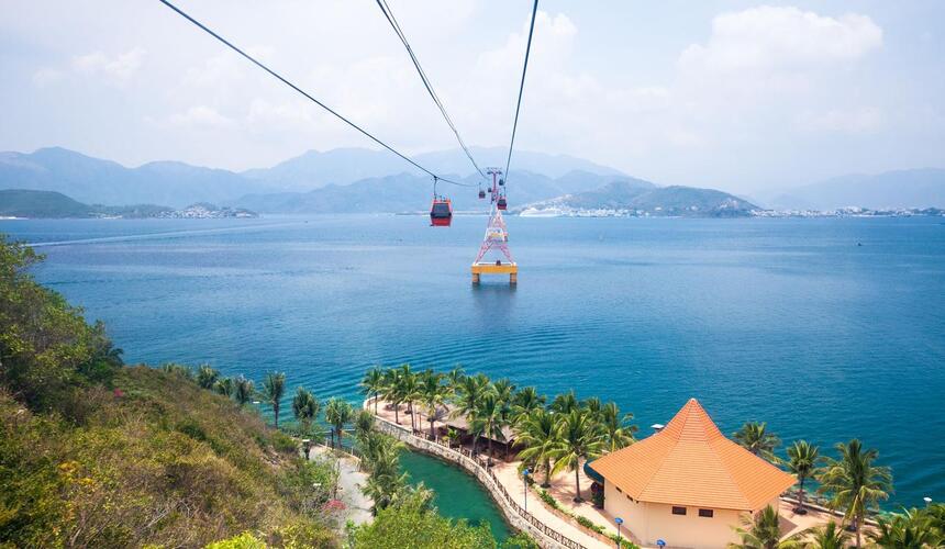 Golden sand and clear blue waters along the beachfront in Nha Trang, Vietnam