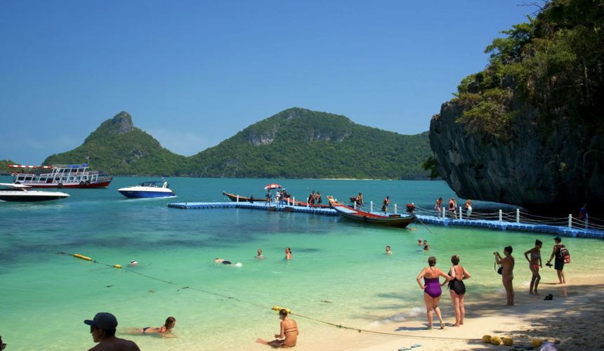 Lush limestone islands and emerald lagoons at Ang Thong Marine Park near Koh Samui.