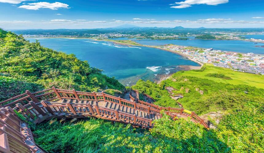 Volcanic landscapes and coastal cliffs on Jeju Island, South Korea.